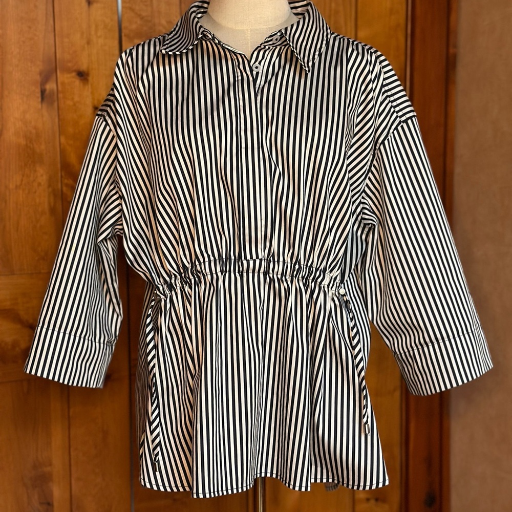 Women’s Black & White Striped Drawstring Waist Blouse
